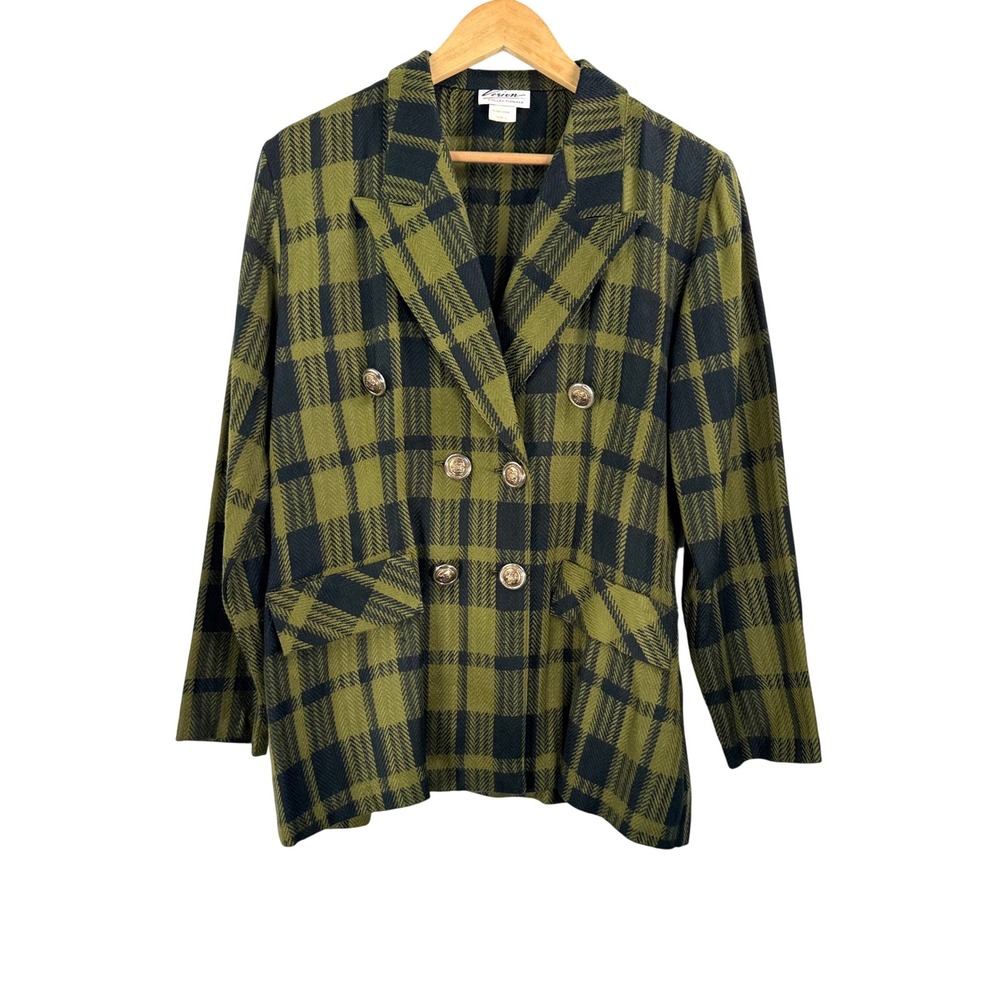 VTG Vision Collection Blazer  sz‎ 6 Green Black Plaid Double Breasted academia